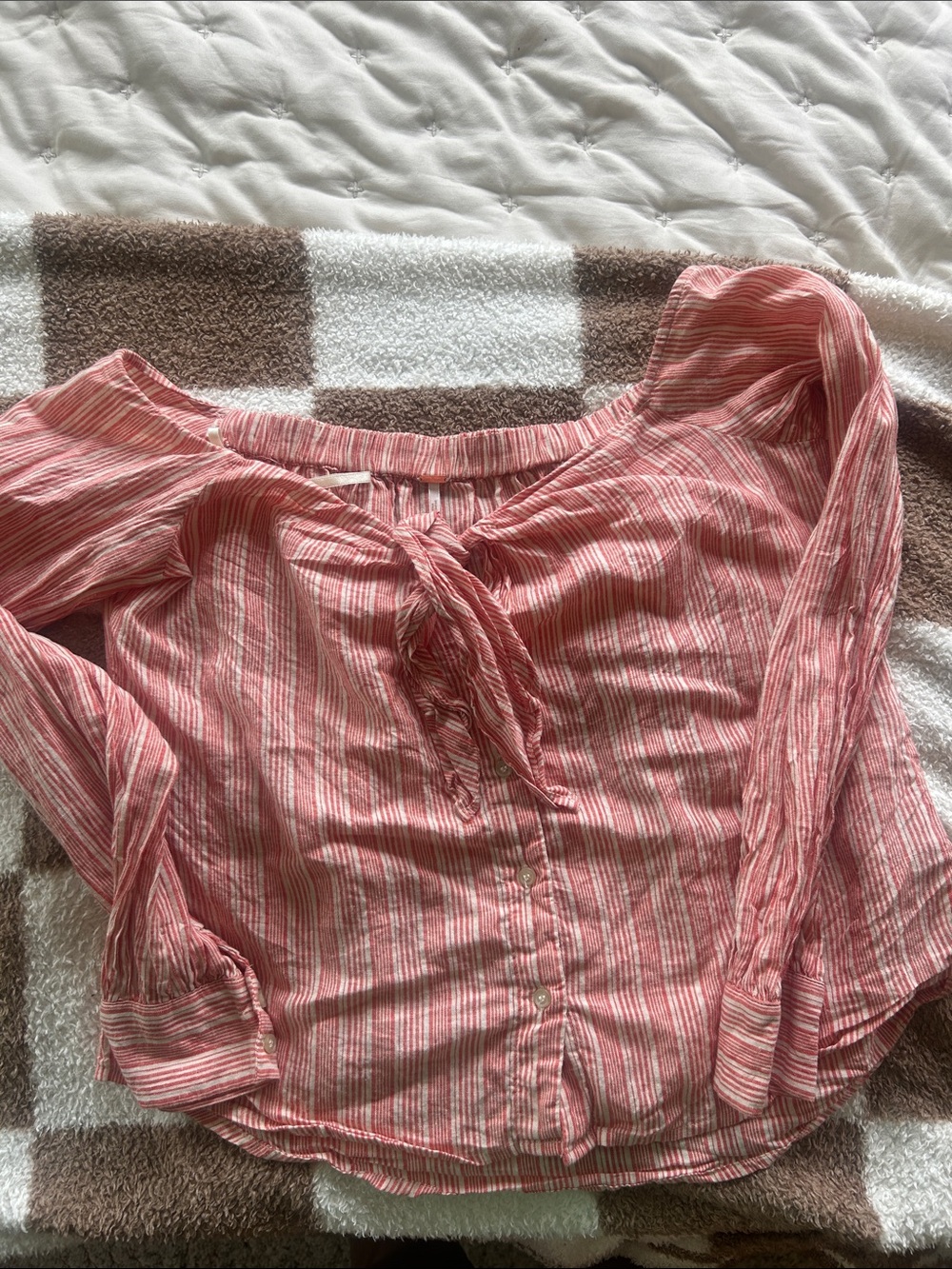 Free People Pink Striped Tie-Neck Blouse